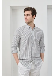 RAVANELLI قميص رجالي من القطن والكتان مخطط باللون الأسود بقصة ضيقة