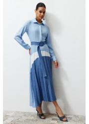  Modest Blue Color Blocked Woven Shirt Dress TCTSS24EB00119