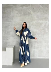 PREMİER VİE Marineblau Ecru Viskose Dress with Teseture Pattern