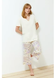  Collection Knitted Capri Pajama Set - Yellow Floral Pattern THMSS24PT00210