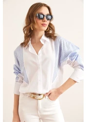 Olalook قميص نسائي بتفاصيل مخططة باللون الأبيض والأزرق GML- 19001294