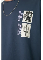  Collection تي شيرت قطني كبير الحجم مطبوع باللون الأزرق الداكن - كم قصير TMNSS21TS3559