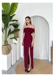 Afiş Butik Burgundy Madonna Collar Floral Embroidered Slit Long Dress
