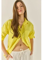 Bianco Lucci قميص كتان نسائي كبير الحجم بجيب مزدوج