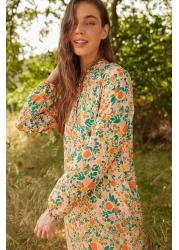  Modest Orange Floral Half Placket Skirt Tip Ruffle Lined Woven Dress TCTSS21EL3353