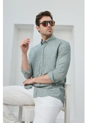 RAVANELLI قميص رجالي مخطط من القطن والكتان ذو قصة ضيقة