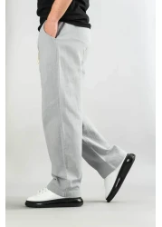 bombe Men's Gray Linen Trousers Elastic Waist Cotton Casual Pants