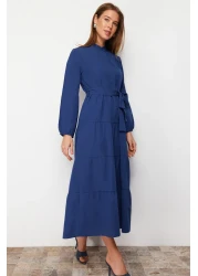  Modest Saks Belted Chief Collar Button Detail Woven Dress TCTSS21EL3343