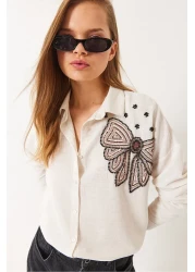 Bianco Lucci Women's Bow Patterned Bead Stone Embroidered Linen Aerobin Oversize Shirt 60283031