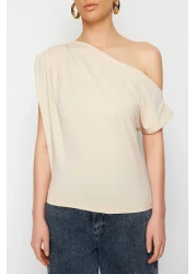  Collection Asymmetrical Neckline and Zero Sleeve Stretchy Knitted Blouse - Stone Regular Fit Twoss24Bz00396