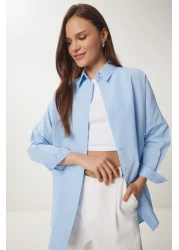 Happiness İstanbul قميص نسائي أساسي طويل كبير الحجم باللون الأزرق السماوي DD00842