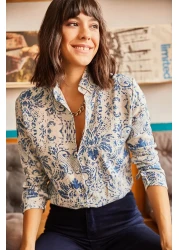 Olalook Women's Ecru Blue Patterned Viscose Shirt GML-19000891