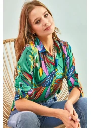 Bianco Lucci قميص فيسكوز نسائي مطوي وأكمام منقوشة بأوراق متعددة