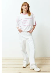  Collection White 100% Cotton Color Blocked Slogan Oversize/Wide Mold Knitted T-Shirt TWOSS24TS00132