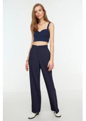  Collection Navy Blue High Waist Wide Leg / Wide Leg Striped Woven Trousers TWOSS22PL0100