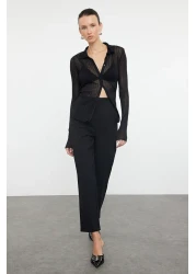  Collection سروال أسود من القماش المنسوج ذو الخصر العالي بطول الكاحل TWOSS20PL0515