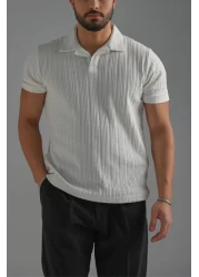 Tarz Cool Men's White Embroidered Polo Neck T-Shirt