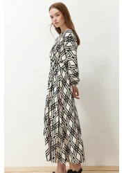  Modest Black Patterned Belt Detailed Crinkle Woven Dress TCTSS24EB00233