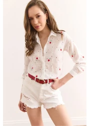 Olalook Women's White Red Colorful Floral Cotton Scallop Shirt Gml-19001326
