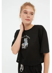  Collection طقم بيجامة محبوكة من القطن الأسود مع تفاصيل الأنابيب المطبوعة الترفيهية THMSS21PT0953