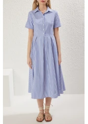  Collection تنورة مخططة باللون الأزرق حول فستان قفطان متوسط ​​الطول بنصف فتحة