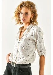 Olalook قميص كتان نسائي بيج بأكمام منقوشة بالزهور GML-19000825