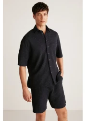 GRIMELANGE Umberto Men's Special Rustic Fabric Textured Relaxed Fit Navy Blue Shirt