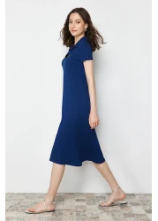  Collection Navy Blue Polo Neck Skater/Waist Opened Cotton Stretchy Knitted Midi Dress TWOSS24EL00480