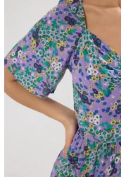  Collection فستان منسوج متوسط الطول بطبعة زهور وأكمام بالون على شكل حرف A باللون الأرجواني TWOSS20EL2323