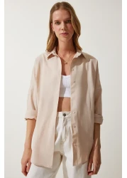 Happiness İstanbul قميص نسائي سادة طويل بقصة واسعة باللون الكريمي DD00842