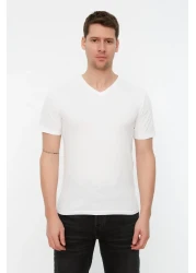  Collection V-Neck White Slim Fit T-Shirt - 100% Cotton, Short Sleeve Tmnss19Bo0002