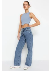  Collection Dark Blue Waist Detailed High Waist Wide Leg Jeans TWOSS21JE0385