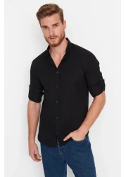  Collection قميص أسود بقصة ضيقة مع كتاف - كم طويل، 100% قطن، TMNSS20GO0189