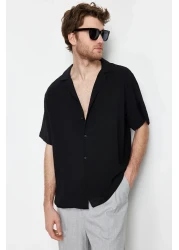  Collection قميص صيفي كبير الحجم من الكتان بأكمام قصيرة - أسود TMNSS24GO00019