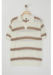  Collection Limited Edition Ecru Regular Polo Neck Striped Knitwear Polo Neck T-Shirt Tmnss24Po00004