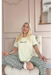 Pijamaevi طقم بيجامة نسائية محبوكة بأكمام قصيرة منقوشة باللون البيج