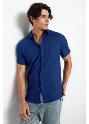  Collection Summer Textured Navy Blue Wrap Shirt - Short Sleeve, Regular Fit Tmnss23Go00055