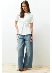  Collection Ecru Front Pleat Detailed Regular/Normal Fit Crew Neck Knitted Blouse Twoss24Bz00302