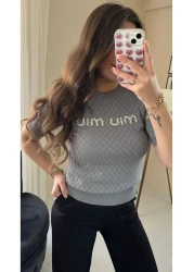 Aygül Moda Pearl Detailed Diamond Patterned T-Shirt