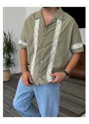 BYBASICMAN قميص كاكي مطرز بالدانتيل بأكمام قصيرة V-847