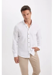 Defacto Modern Fit Buttoned Polo Neck Linen Look 100% Cotton Long Sleeve Shirt T6284Azns