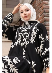 sefamerve فستان من قماش الفيسكوز نصف أزرار 2081-04 أبيض وأسود