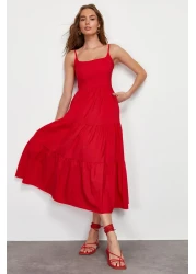  Collection Red Skirt Waist Opening Cotton Blend Maxi Woven Dress TWOSS24EL00386