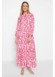  Modest Dark Pink Floral Half Placket Skirt Tip Ruffle Lined Woven Dress TCTSS21EL3353