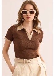 Olalook Women's Brown Beige Polo Neck Color Detailed Stretchy Cotton Blouse Blz- 19002920