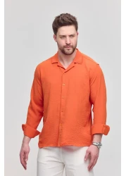 Gray Clothing قميص صيفي رجالي منقوش فضفاض بأكمام طويلة قميص صيفي كبير الحجم للرجال برتقالي