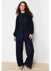  Modest Navy Blue Pleated Knitted Top and Bottom Set TCTSS24US00040