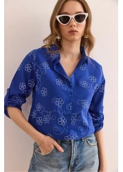 Olalook قميص كتان نسائي من Ivy Saks بأكمام زرقاء GML- 19000825