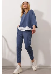 Trend Alaçatı Stili طقم نسائي أزرق بياقة واسعة وخصر مطاطي وجيب مزدوج وخياطة أمامية وخيطين من الأسفل ALC-X8175