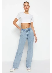  Collection Blue Waist Detailed High Waist Wide Leg Jeans TWOSS21JE0385